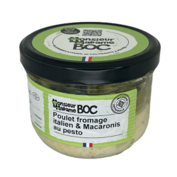 Poulet au fromage italien, macaronis au pesto