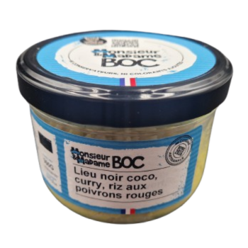 Lieu noir coco, curry, citron vert, riz aux poivrons rouges